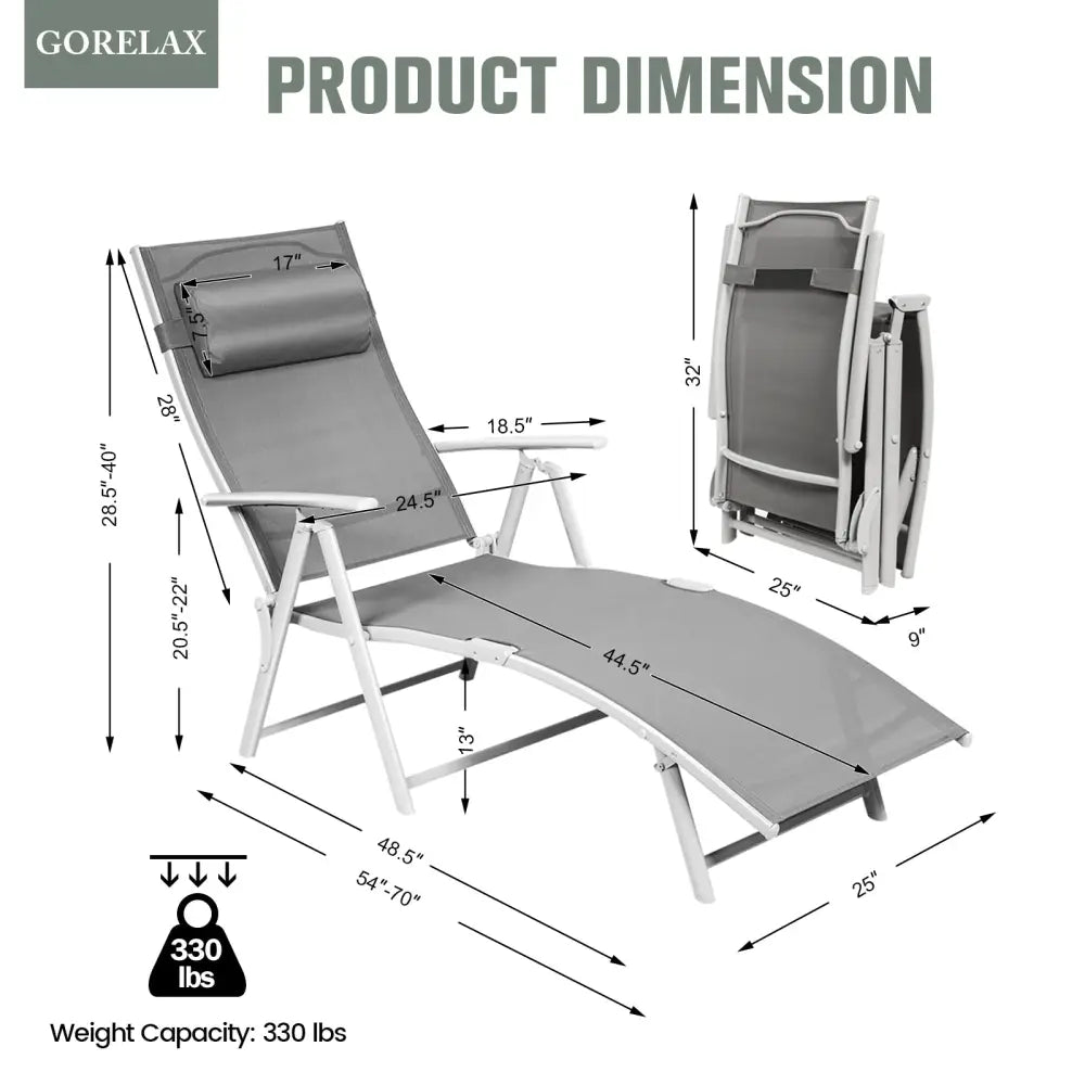 Adjustable Outdoor Lightweight Folding Chaise Lounge Chair with Pillow-Gray - Gray - Outdoor Chaise Lounges