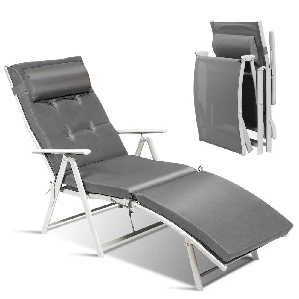 Adjustable Outdoor Lightweight Folding Chaise Lounge Chair with Pillow-Gray - Gray - Outdoor Chaise Lounges