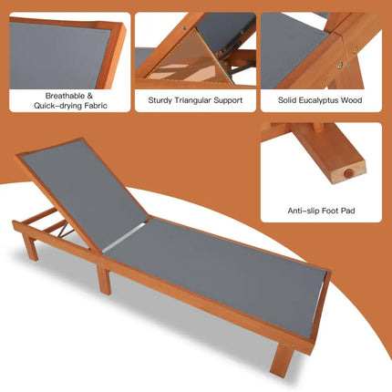 Adjustable Outdoor Wood Chaise Lounge Chair with 5-Postion Backrest-Gray - Gray - Outdoor Chaise Lounges
