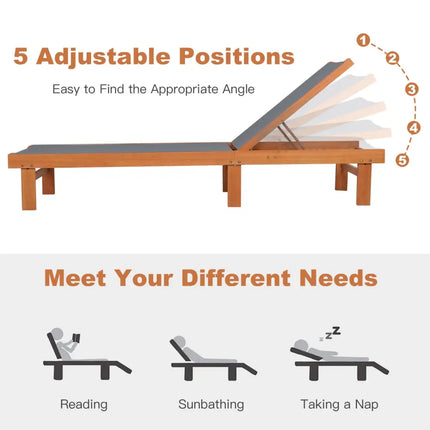 Adjustable Outdoor Wood Chaise Lounge Chair with 5-Postion Backrest-Gray - Gray - Outdoor Chaise Lounges