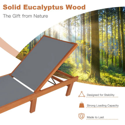 Adjustable Outdoor Wood Chaise Lounge Chair with 5-Postion Backrest-Gray - Gray - Outdoor Chaise Lounges
