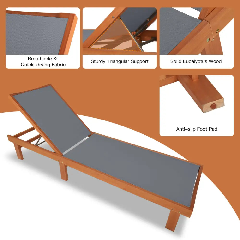 Adjustable Outdoor Wood Chaise Lounge Chair with 5-Postion Backrest-Gray - Gray - Outdoor Chaise Lounges