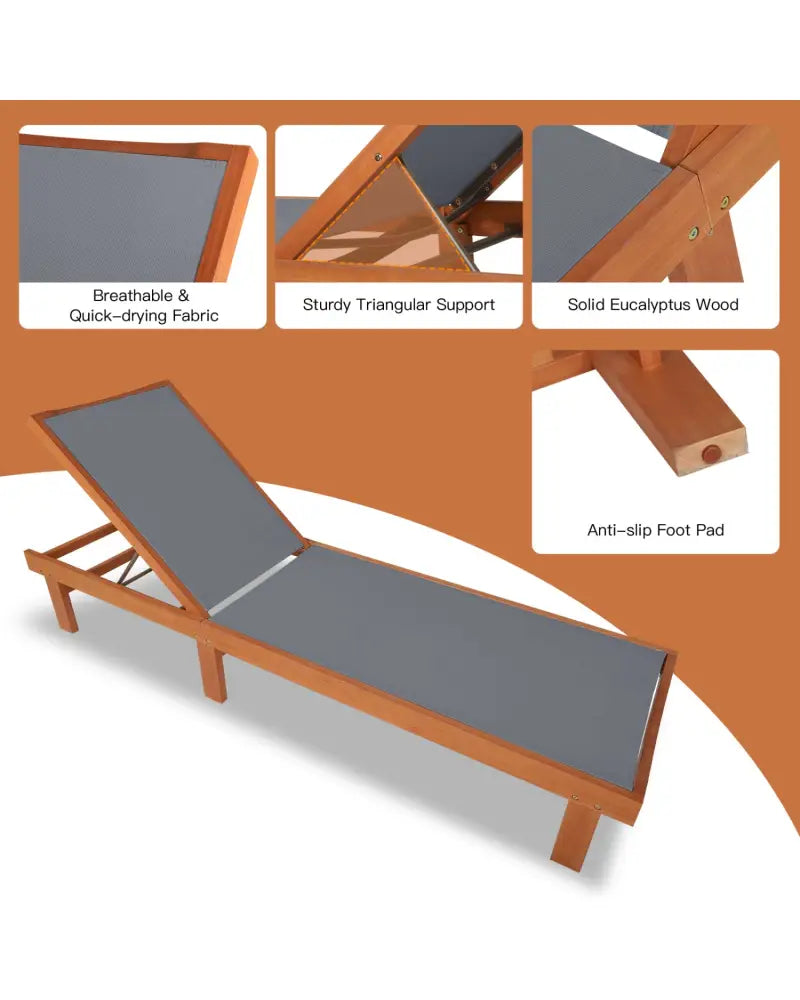 Adjustable Outdoor Wood Chaise Lounge Chair with 5-Postion Backrest-Gray - Gray - Outdoor Chaise Lounges