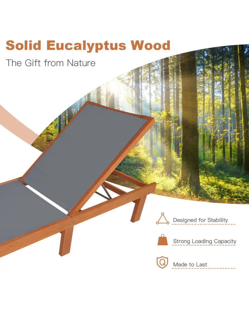 Adjustable Outdoor Wood Chaise Lounge Chair with 5-Postion Backrest-Gray - Gray - Outdoor Chaise Lounges