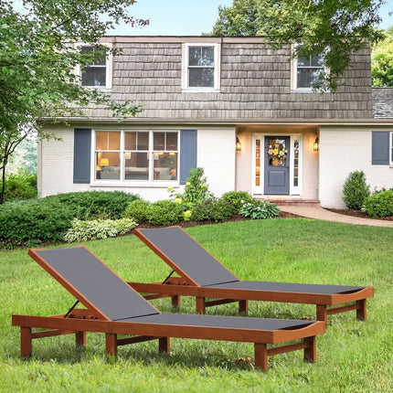 Adjustable Outdoor Wood Chaise Lounge Chair with 5-Postion Backrest-Gray - Gray - Outdoor Chaise Lounges