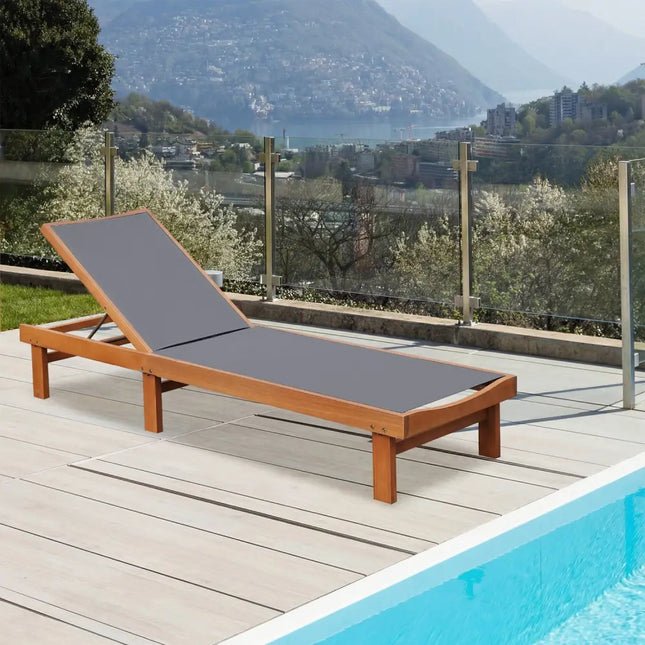 Adjustable Outdoor Wood Chaise Lounge Chair with 5-Postion Backrest-Gray - Gray - Outdoor Chaise Lounges