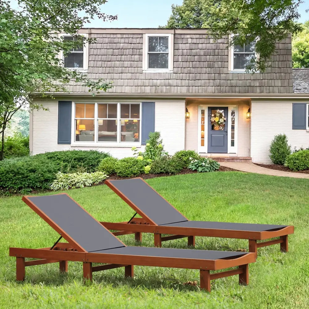 Adjustable Outdoor Wood Chaise Lounge Chair with 5-Postion Backrest-Gray - Gray - Outdoor Chaise Lounges