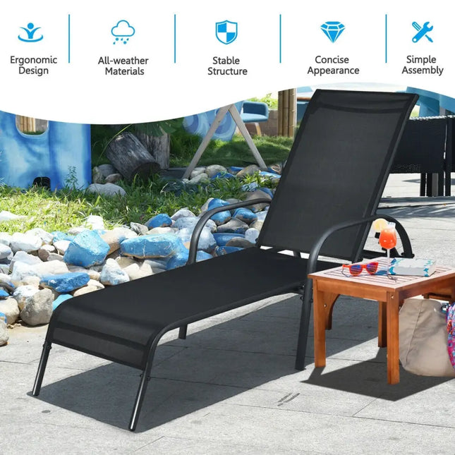 Adjustable Patio Chaise Folding Lounge Chair with Backrest-Black - Black - Outdoor Chaise Lounges