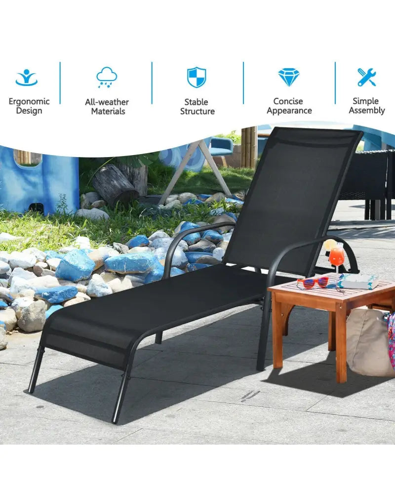 Adjustable Patio Chaise Folding Lounge Chair with Backrest-Black - Black - Outdoor Chaise Lounges