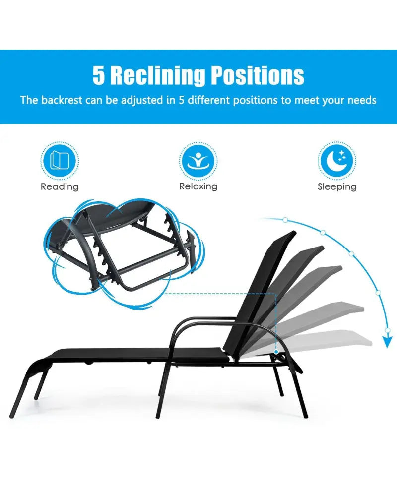 Adjustable Patio Chaise Folding Lounge Chair with Backrest-Black - Black - Outdoor Chaise Lounges