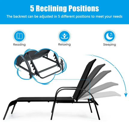 Adjustable Patio Chaise Folding Lounge Chair with Backrest-Black - Black - Outdoor Chaise Lounges