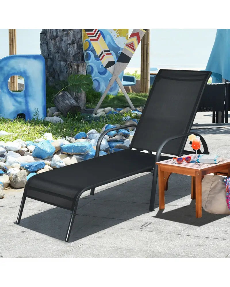 Adjustable Patio Chaise Folding Lounge Chair with Backrest-Black - Black - Outdoor Chaise Lounges
