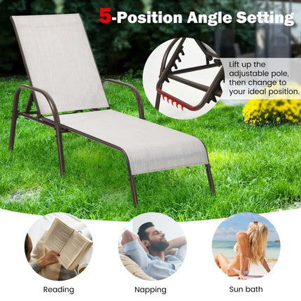 Adjustable Patio Chaise Folding Lounge Chair with Backrest-Gray - Gray - Outdoor Chaise Lounges