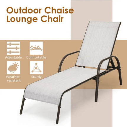 Adjustable Patio Chaise Folding Lounge Chair with Backrest-Gray - Gray - Outdoor Chaise Lounges