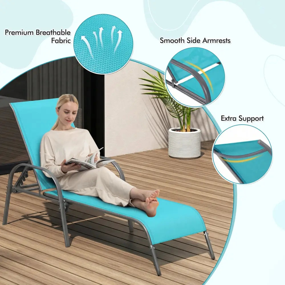 Adjustable Patio Chaise Folding Lounge Chair with Backrest-Turquoise - Turquoise - Outdoor Chaise Lounges