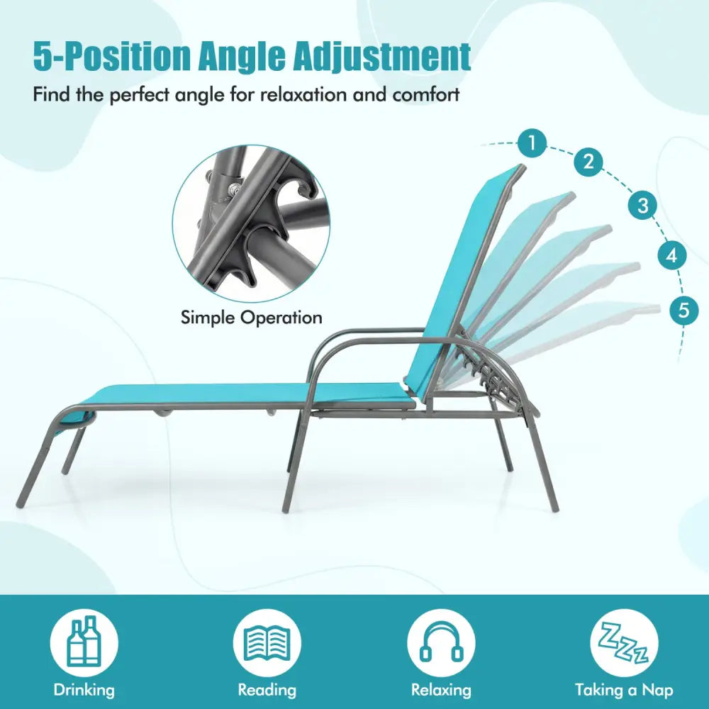 Adjustable Patio Chaise Folding Lounge Chair with Backrest-Turquoise - Turquoise - Outdoor Chaise Lounges