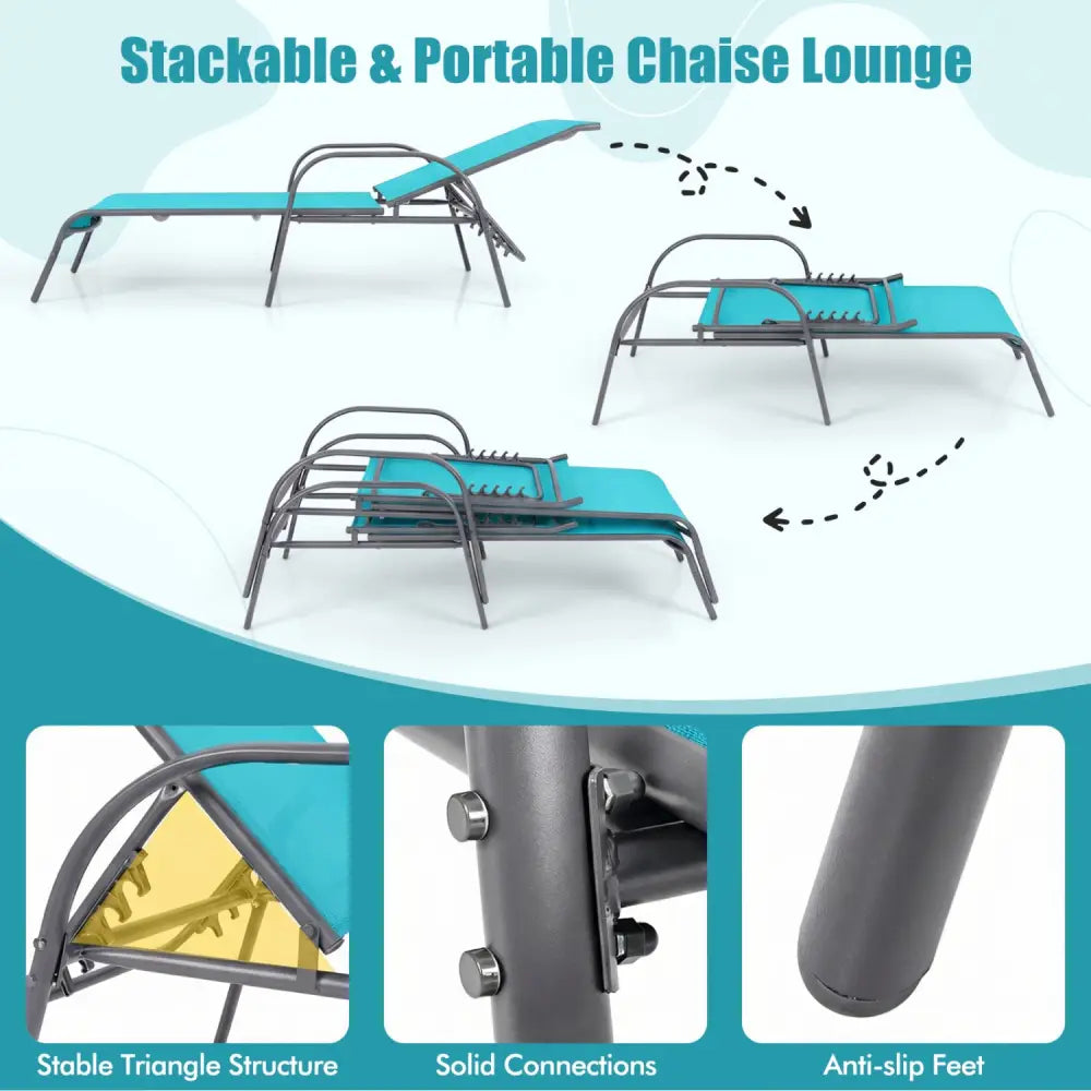 Adjustable Patio Chaise Folding Lounge Chair with Backrest-Turquoise - Turquoise - Outdoor Chaise Lounges