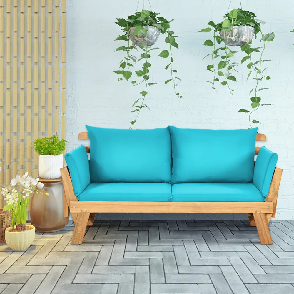 Adjustable Patio Convertible Sofa with Thick Cushion-Turquoise - Turquoise - Outdoor Benches