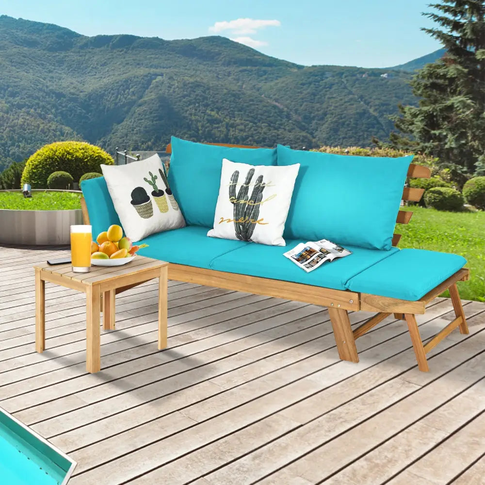 Adjustable Patio Convertible Sofa with Thick Cushion-Turquoise - Turquoise - Outdoor Benches