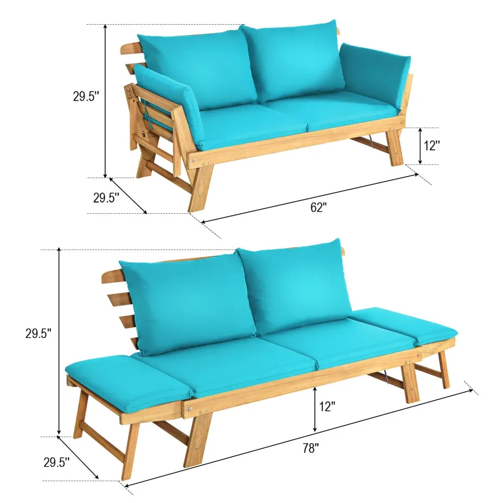 Adjustable Patio Convertible Sofa with Thick Cushion-Turquoise - Turquoise - Outdoor Benches