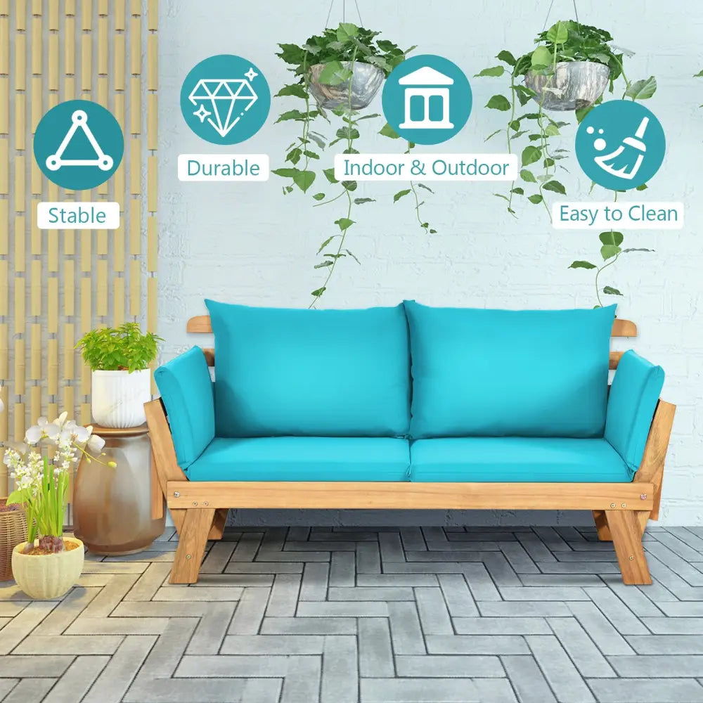 Adjustable Patio Convertible Sofa with Thick Cushion-Turquoise - Turquoise - Outdoor Benches