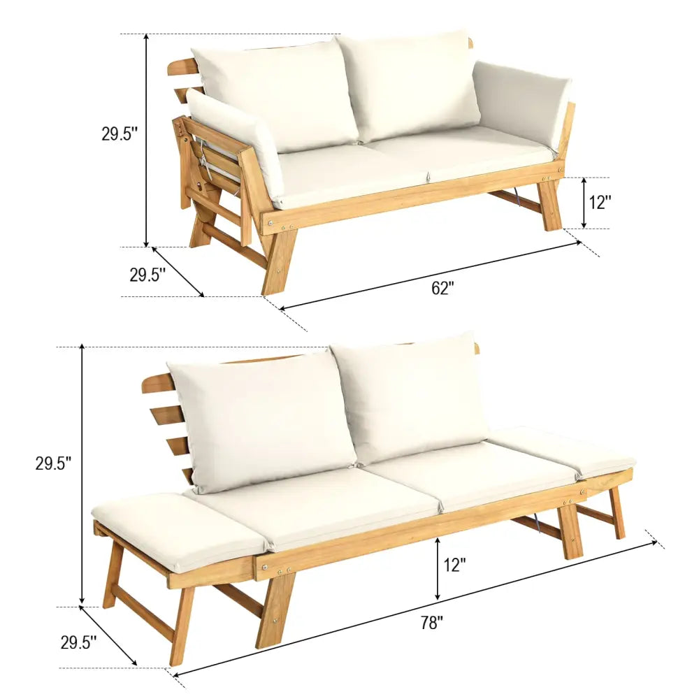 Adjustable Patio Convertible Sofa with Thick Cushion-White - White - Outdoor Benches