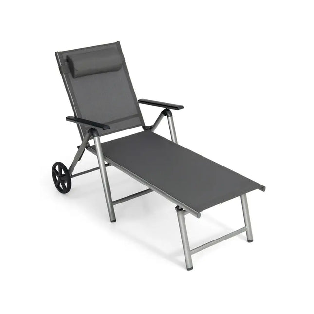Adjustable Patio Folding Chaise Lounge Chair with Wheels - Black - Outdoor Chaise Lounges