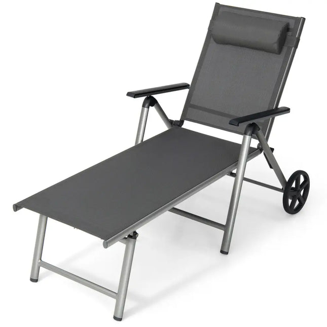 Adjustable Patio Folding Chaise Lounge Chair with Wheels - Black - Outdoor Chaise Lounges