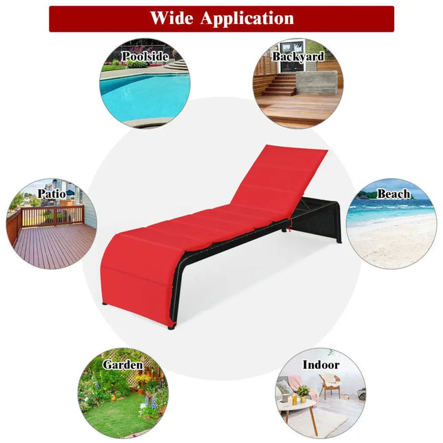 Adjustable Patio Rattan Lounge Chair with Cushions-Red - Red - Outdoor Chaise Lounges