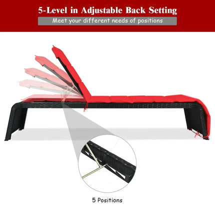 Adjustable Patio Rattan Lounge Chair with Cushions-Red - Red - Outdoor Chaise Lounges