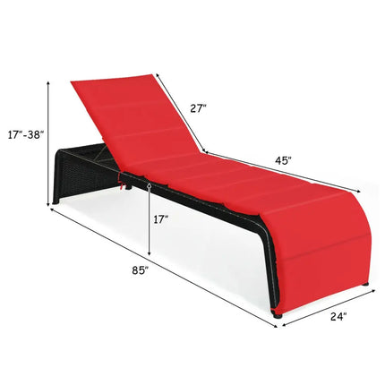 Adjustable Patio Rattan Lounge Chair with Cushions-Red - Red - Outdoor Chaise Lounges