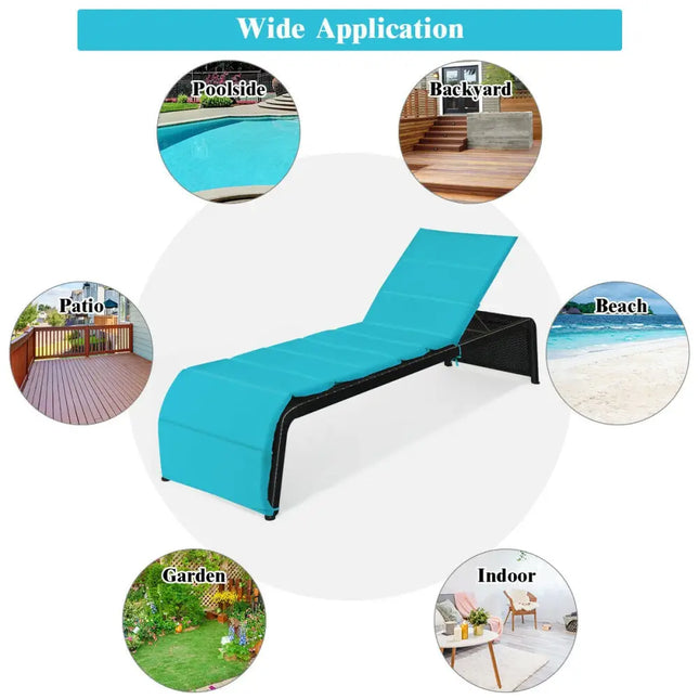 Adjustable Patio Rattan Lounge Chair with Cushions-Turquoise - Turquoise - Outdoor Chaise Lounges