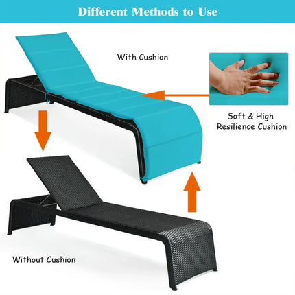 Adjustable Patio Rattan Lounge Chair with Cushions-Turquoise - Turquoise - Outdoor Chaise Lounges
