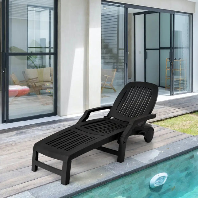 Adjustable Patio Sun Lounger with Weather Resistant Wheels-Black - Black - Outdoor Chaise Lounges