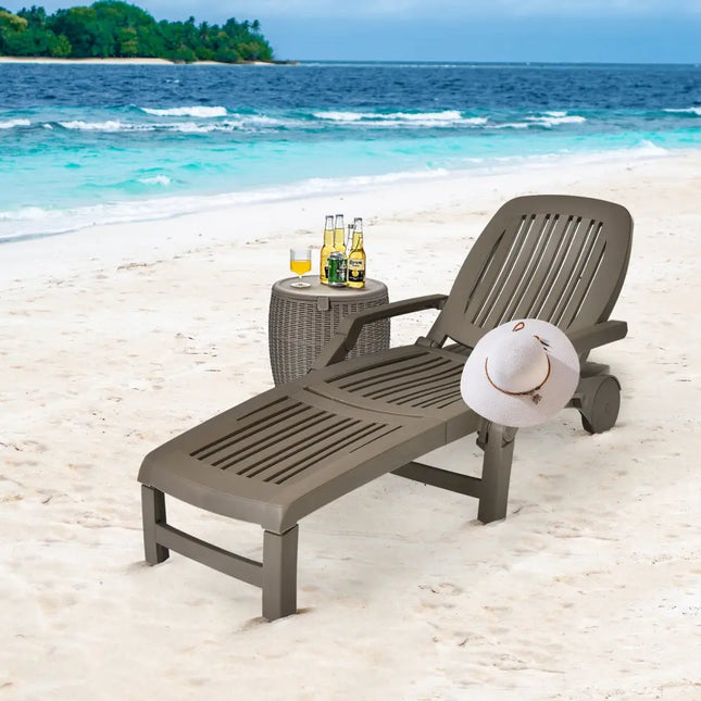 Adjustable Patio Sun Lounger with Weather Resistant Wheels-Coffee - Brown - Outdoor Chaise Lounges