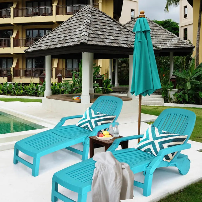 Adjustable Patio Sun Lounger with Weather Resistant Wheels-Turquoise - Turquoise - Outdoor Chaise Lounges