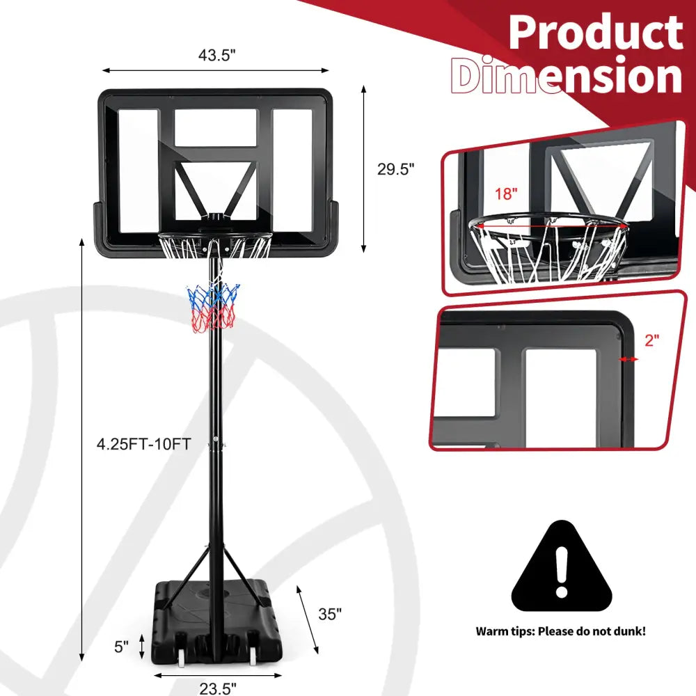 Adjustable Portable Basketball Hoop Stand with Shatterproof Backboard Wheels - Black - Sport Equipments