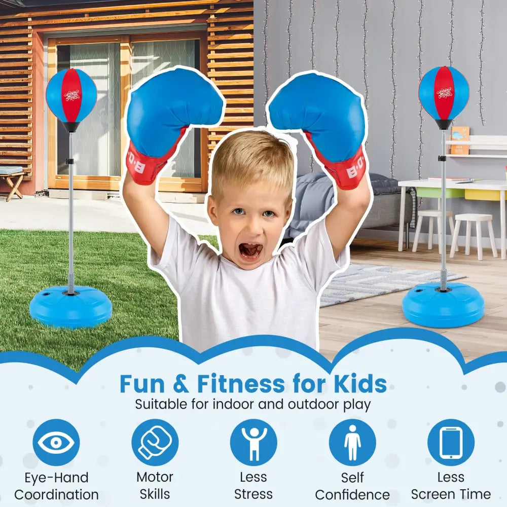Adjustable Punching Bag with Stand and Boxing Gloves for Both Adults and Kids-Blue - Blue - Boxing & Martial Arts