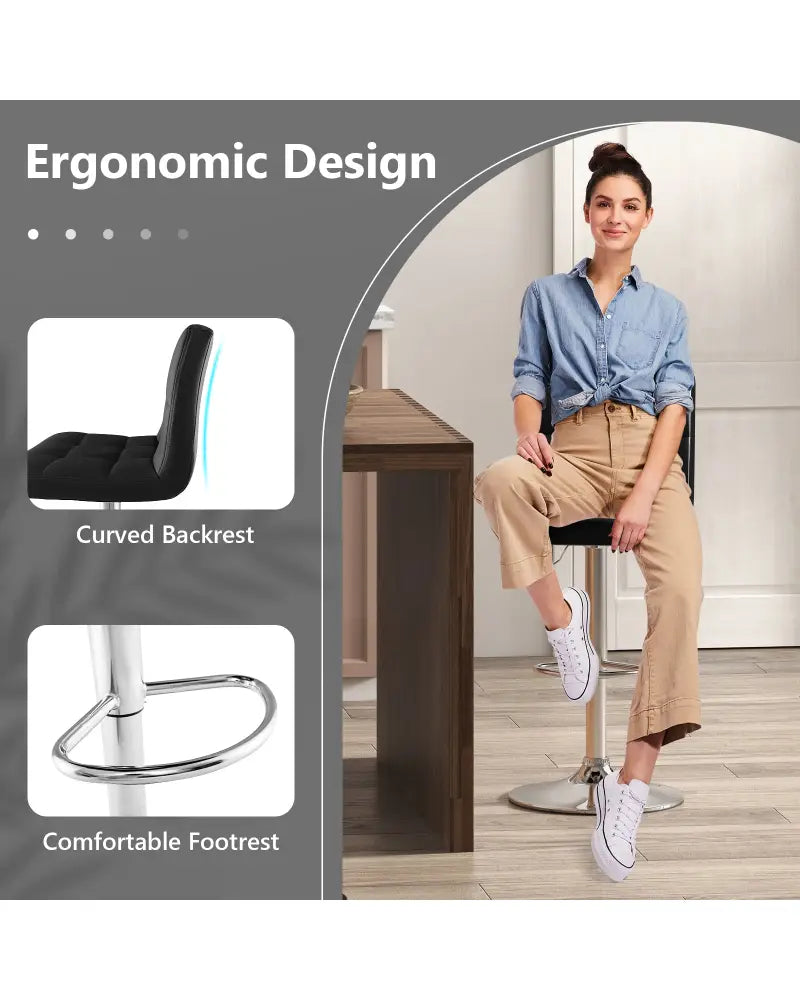 Adjustable Swivel Bar Stool with PU Leather-Black - Black - Bar Stools