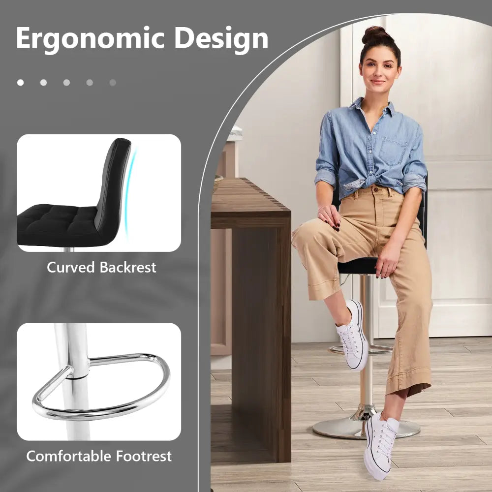 Adjustable Swivel Bar Stool with PU Leather-Black - Black - Bar Stools