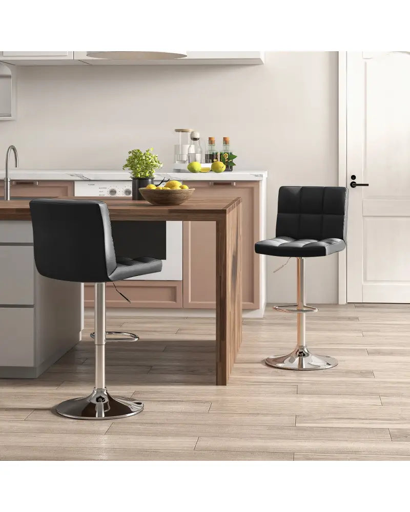Adjustable Swivel Bar Stool with PU Leather-Black - Black - Bar Stools