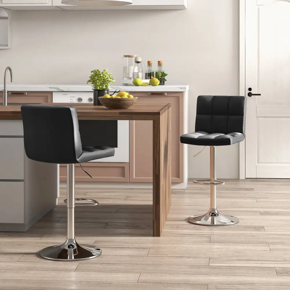 Adjustable Swivel Bar Stool with PU Leather-Black - Black - Bar Stools