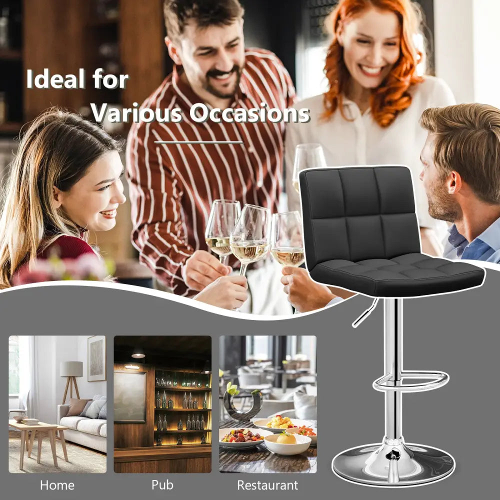 Adjustable Swivel Bar Stool with PU Leather-Black - Black - Bar Stools