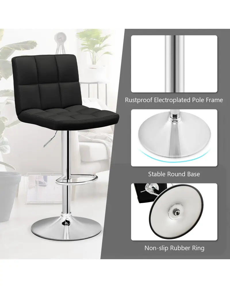 Adjustable Swivel Bar Stool with PU Leather-Black - Black - Bar Stools