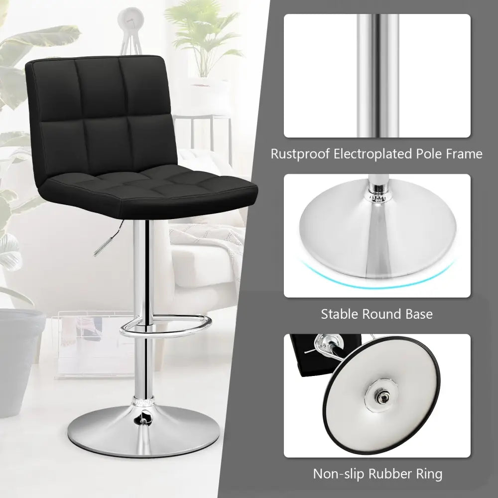 Adjustable Swivel Bar Stool with PU Leather-Black - Black - Bar Stools