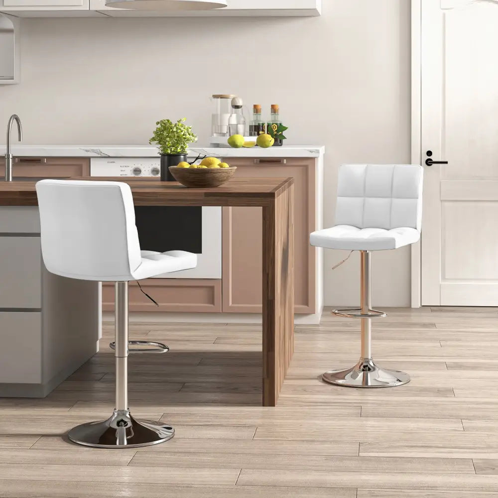 Adjustable Swivel Bar Stool with PU Leather-White - White - Bar Stools