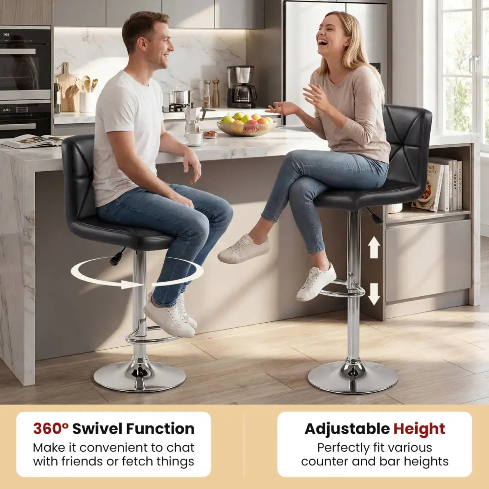 Adjustable Swivel Barstools Set of 2 with Back and Footrest-Black - Black - Bar Stools