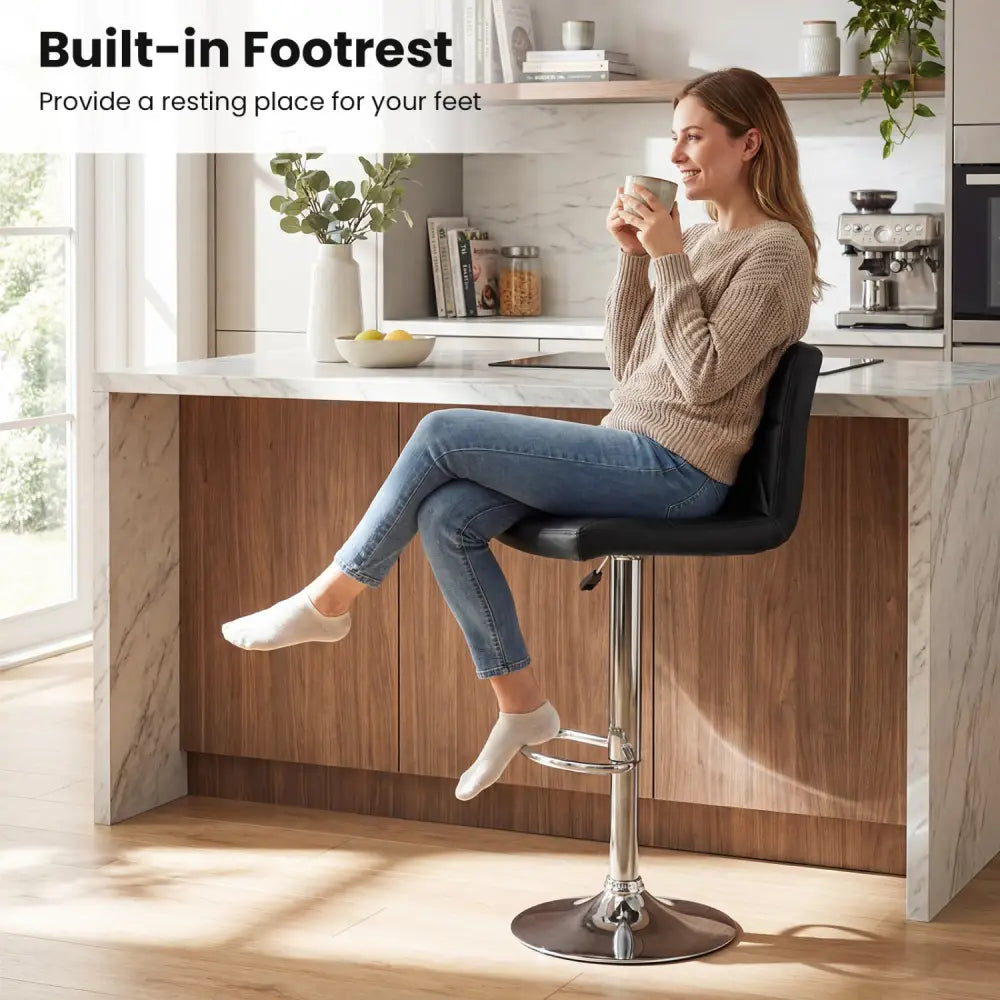 Adjustable Swivel Barstools Set of 2 with Back and Footrest-Black - Black - Bar Stools