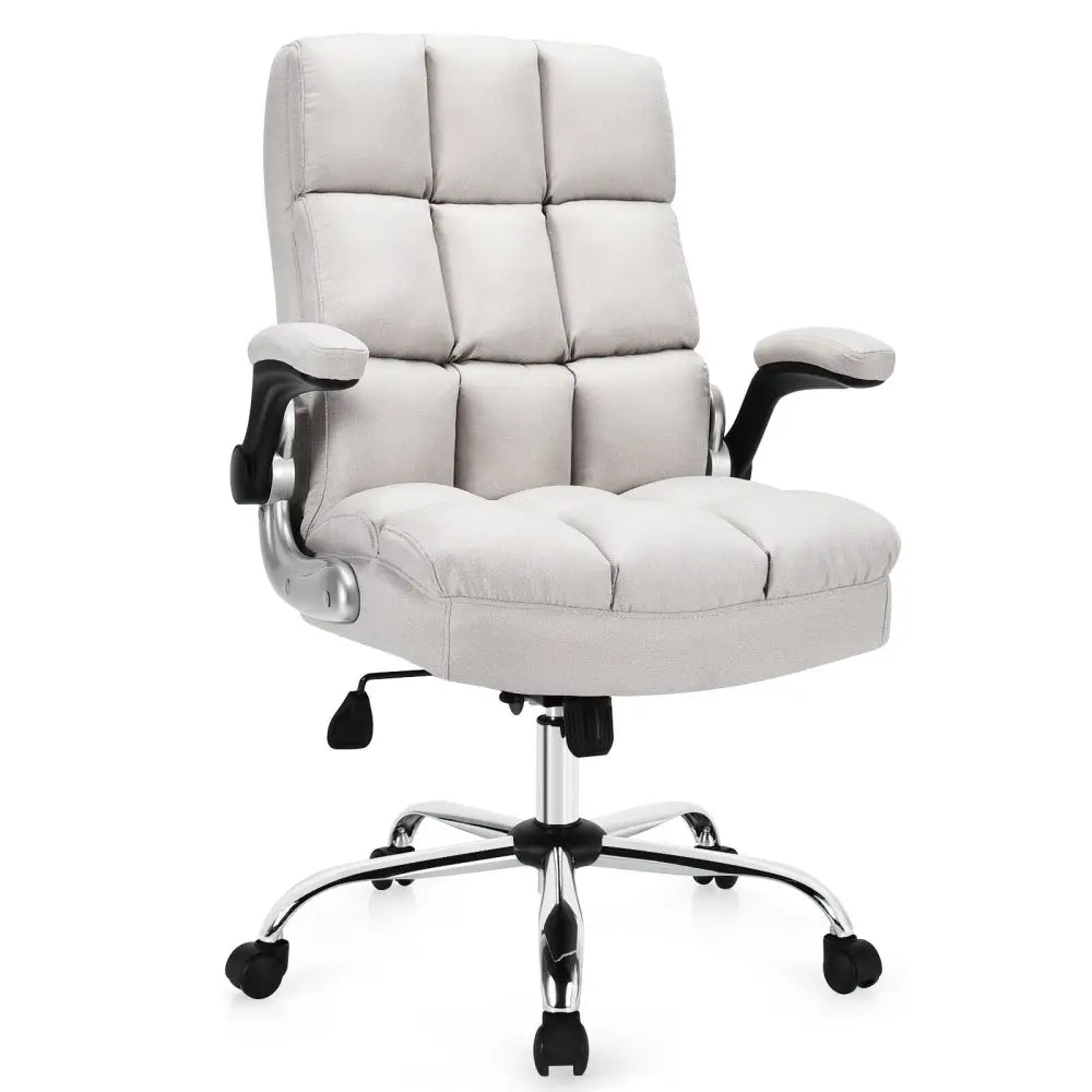 Adjustable Swivel Office Chair with High Back and Flip-up Arm for Home and Office-Beige - Beige - Leisure Chairs