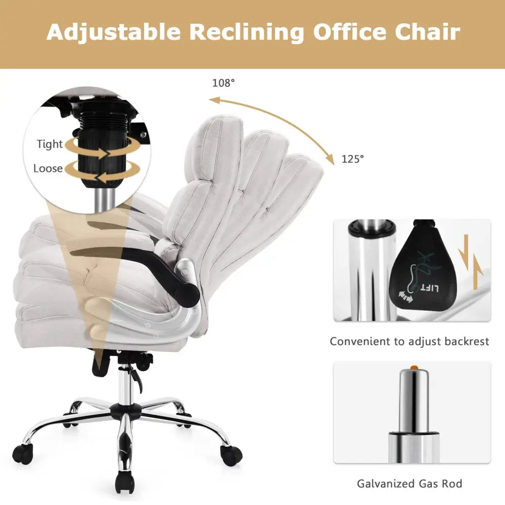 Adjustable Swivel Office Chair with High Back and Flip-up Arm for Home and Office-Beige - Beige - Leisure Chairs